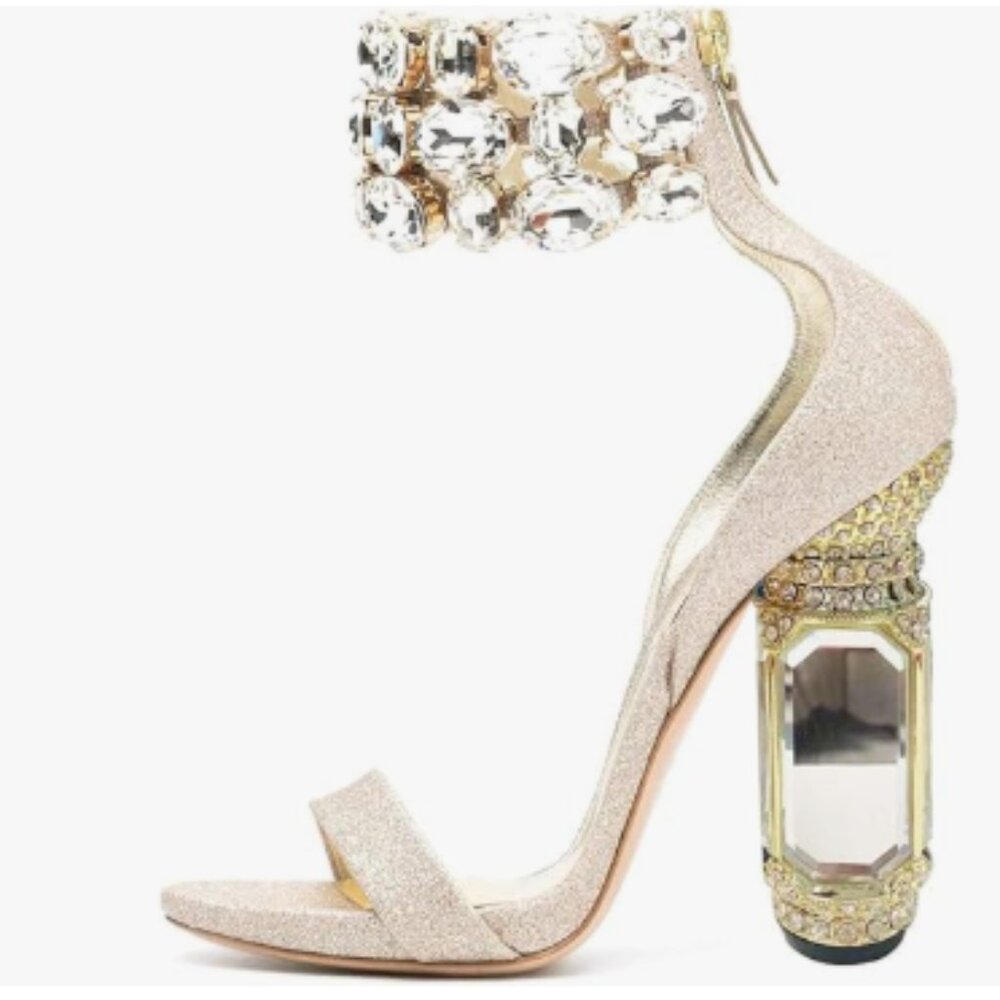 FSJ Champagne Open Toe Stylish Sandals Ankle Strap Crystal Heels Wedding Shoes
